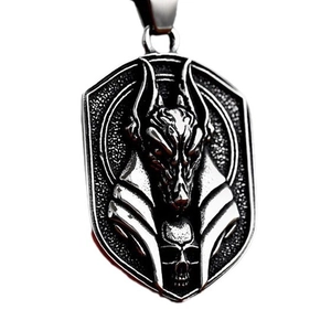 Retro stainless steel Anubis necklace pendant featuring a detailed wolf head skull shield