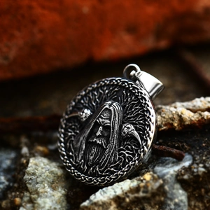 Vintage stainless steel Odin pendant necklace with Celtic knots and ravens motif
