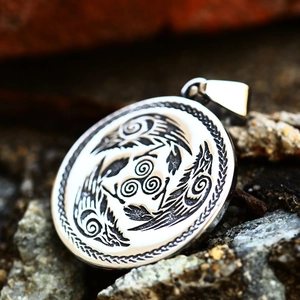 Vintage stainless steel Viking pendant featuring Nordic Triskele and Odin ravens motifs