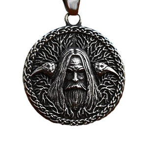 Vintage stainless steel Odin medallion necklace with crows and Celtic knot patterns