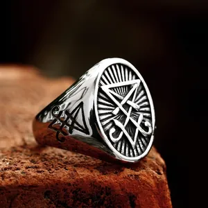 Anello con Sigillo di Lucifero da Uomo in Acciaio Inossidabile Gioielli Occulti Gotici Punk Vintage Satana Lucifero per Uomo