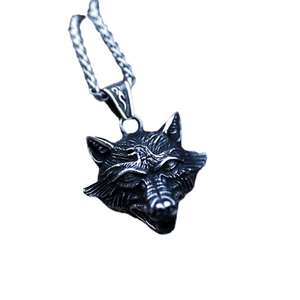 Vintage stainless steel wolf head pendant necklace with eagle totem on white background