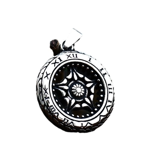 Retro stainless steel pendant featuring roman numerals and geometric patterns