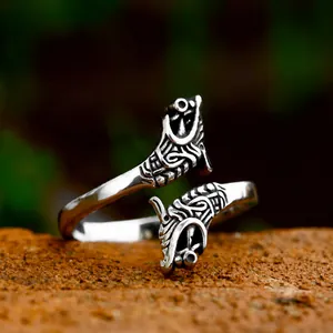 Vintage Roestvrijstalen Dubbele Drakenkop Open Ring Voor Heren Nordic Viking Punk Stijl Retro Zilveren Verstelbare Ring