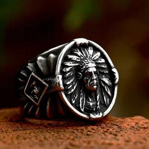 Vintage Stainless Steel Indian Chief Head Ring For Men Punk Hip Hop Native American Tribal Feather Biker Finger Ring Jewelry
