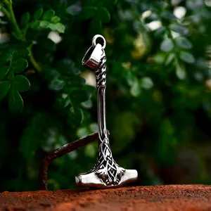 Viking Thor Hammer Mjolnir Pendant Necklace Stainless Steel Antique Silver Celtic Knot Carved Mythological Vintage Jewelry Gift