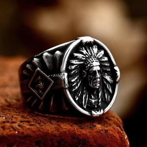 Vintage stainless steel men's ring featuring a detailed Indian chief relief sculpture