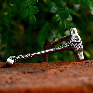 Vintage stainless steel Mjolnir hammer pendant with detailed tree vine engraving textures