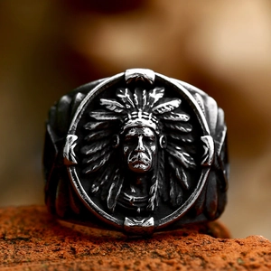 Vintage stainless steel native american indian chief biker ring for men in retro silver finish