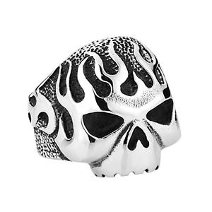 Gothic punk stainless steel skull ring featuring realistic flame engravings and polished finish