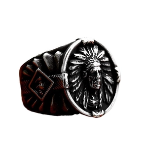 Vintage stainless steel native American chief head ring with detailed feather headdress