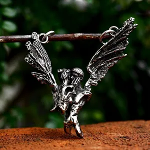 Vintage Gothic Stainless Steel Winged Couple Kissing Pendant Antique Silver Distressed Jewelry Accessory No Chain For Couples