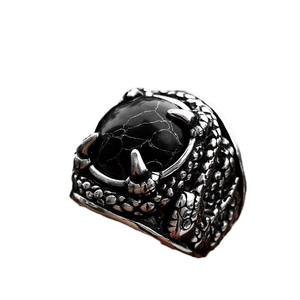 Vintage stainless steel snake ring with black turquoise stone and dragon claw design