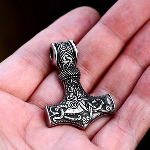 Vintage Thor's Hammer Mjolnir pendant in stainless steel with Celtic knot engravings