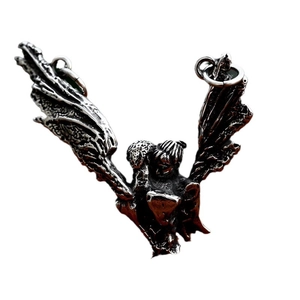 Retro stainless steel angel wing pendant with oxidized silver finish and detailed craftsmanship