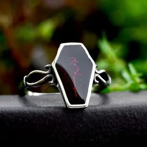 Gothic Stainless Steel Coffin Rose Ring For Men Retro Black Enamel Red Rose Flower Punk Hip Hop Biker Jewelry Finger Ring