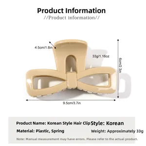 Detail view of large beige bow hair claw clip showing precise dimensions of 9.5x4.5x6cm