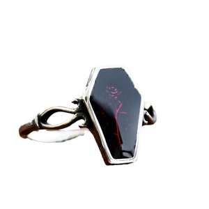 Gothic stainless steel coffin ring with red rose design on black drip glue surface