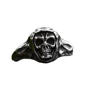 Men's gothic punk style stainless steel skull ring with vintage oxidized finish effect