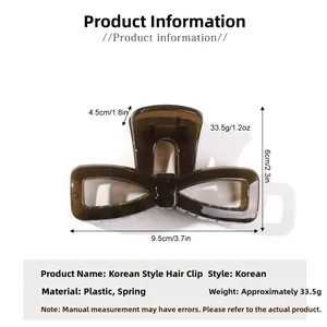 Detailed size view of the 9.5cm brown translucent bow-shaped plastic hair claw clip