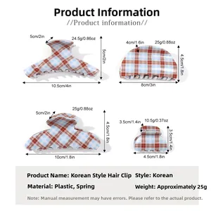 Size chart showing dimensions and weight for four styles of plaid claw hair clips