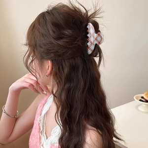 Retro brown and blue plaid hair claw clip for high ponytail styling and elegant updos