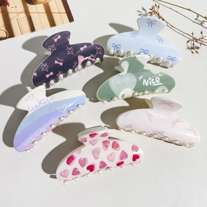 Sweet Valentine Heart Floral Printed Plastic Hair Claw Clips Korean Style Bow Knot Pattern Shark Clips Women Hair Jewelry
