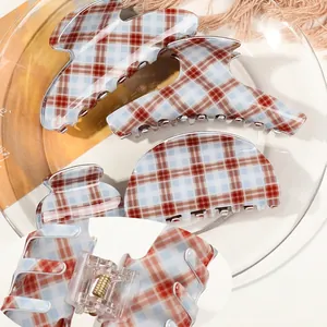 Vintage red and blue plaid checkered hair claw clips set for women hair styling