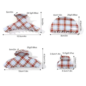 Size guide for blue and red plaid hair claw clips showing dimensions and weight in a grid