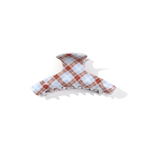 Retro brown and blue plaid hair claw clip for high ponytail styling on white background