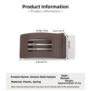 Detail view of brown matte hair claw clip showing 9.5x5cm dimensions and 35.5g weight
