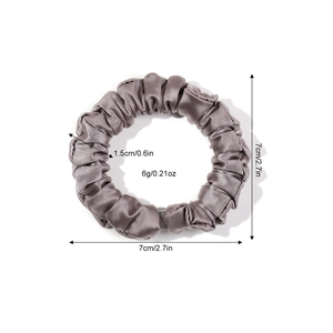 Taupe silk scrunchie with soft pleats, sizing 7cm diameter and 1.5cm width dimensions