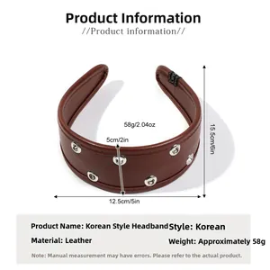 Detail view of brown PU leather headband showing 15.5x12.5x5cm dimensions and 58g weight