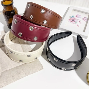 Women Retro PU Leather Wide Headband With Silver Metal Eyelets Punk Style High Top Sponge Hair Hoop Fashion Daily Hair Accessories