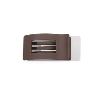 Matte brown rectangular hair claw clip with cutout design on white background