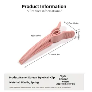 Detail view of 11cm pink alligator hair clip with dimensions and spring mechanism