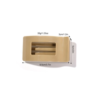 Tan 9.5cm rectangular hollow hair claw clip showing precise dimensions and weight