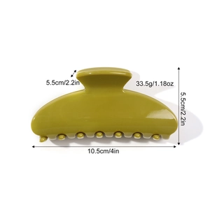 Glossy olive green half-moon hair claw clip with size measurements on white background