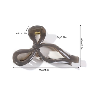 Grey translucent jelly bow hair claw clip with 11cm length and dimension specs