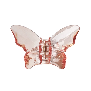 Elegant large pink transparent butterfly hair claw clip with golden metal spring for women