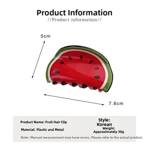 Watermelon shaped acrylic hair claw clip with dimensions of 7.8cm by 5cm for hair styling