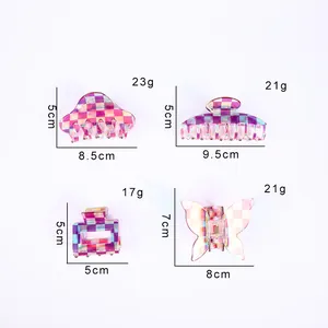 Detailed size guide for four checkered acetate hair claws in various geometric shapes