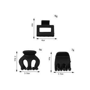 Set of 3 matte black geometric hair claws for high ponytails with size and weight specs