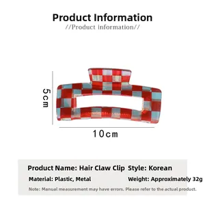 Detail view of 10cm acetate checkerboard hair claw clip with size dimensions