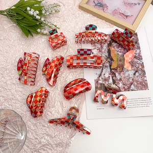 Retro Acetate Checkered Hair Claw Clips Iridescent Geometric Square Shark Clips Vintage Hair Styling Accessories For Women