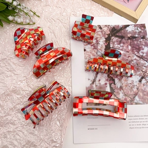 French checkerboard acetate hair claw clips set in red and teal for women hair styling