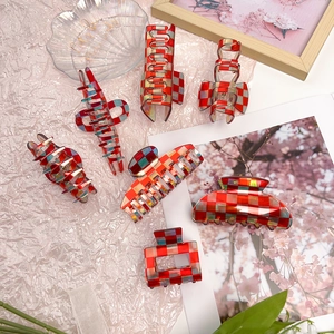French acetate checkered hair claw clips with colorful laser finish in various shapes