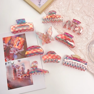 Pink Iridescent Checkerboard Acetate Hair Claw Clips Large Non-Slip Geometric Laser Pink Hair Catch For Women Hair Accessories