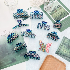 Retro Acetate Checkerboard Hair Claw Clip Iridescent Shark Clip Large Square Hair Accessories For Women Hair Fixation
