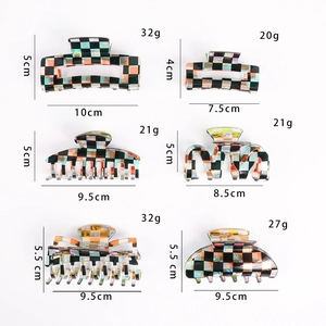 Checkerboard pattern acetate hair claws in various shapes with holographic laser finish